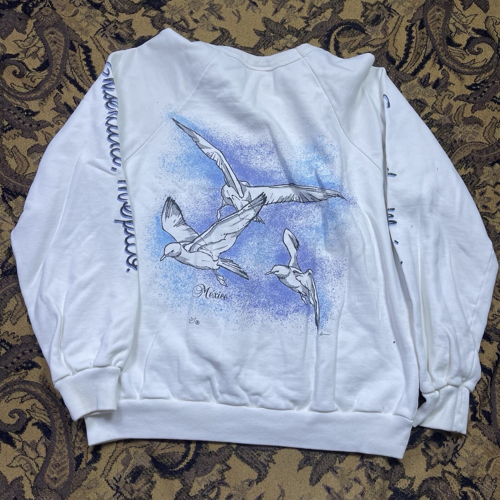 Vtg 90s Ensenada Mexico Birds Nature Pullover Sweatshirt Womens Size XL White